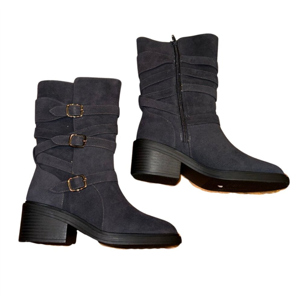 Stylish Gray Suede Mid-Calf Boots with Buckle Straps – Women’s Size 7 - Picture 2 of 9